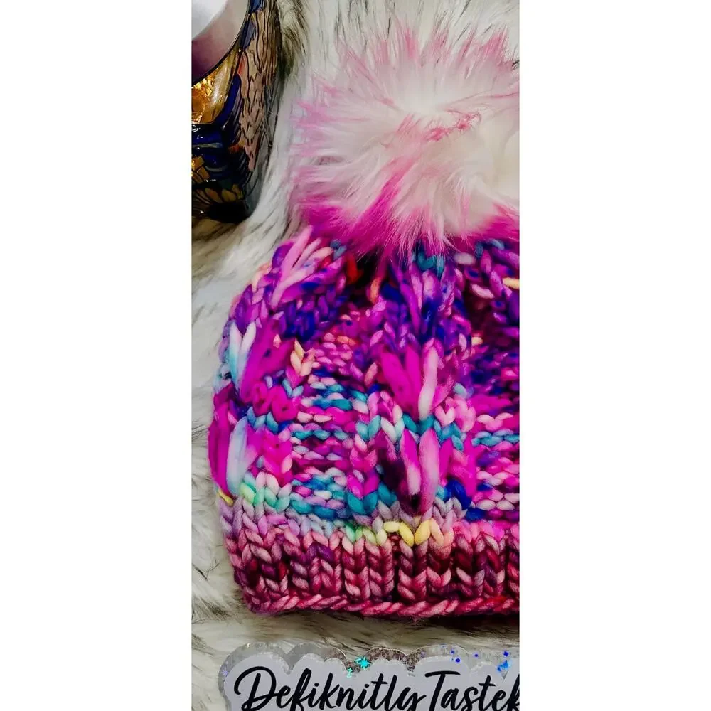 Hand Knit Merino Wool Scrappy Lake Erie Beanie: Faux Fur Pom - Adult Size